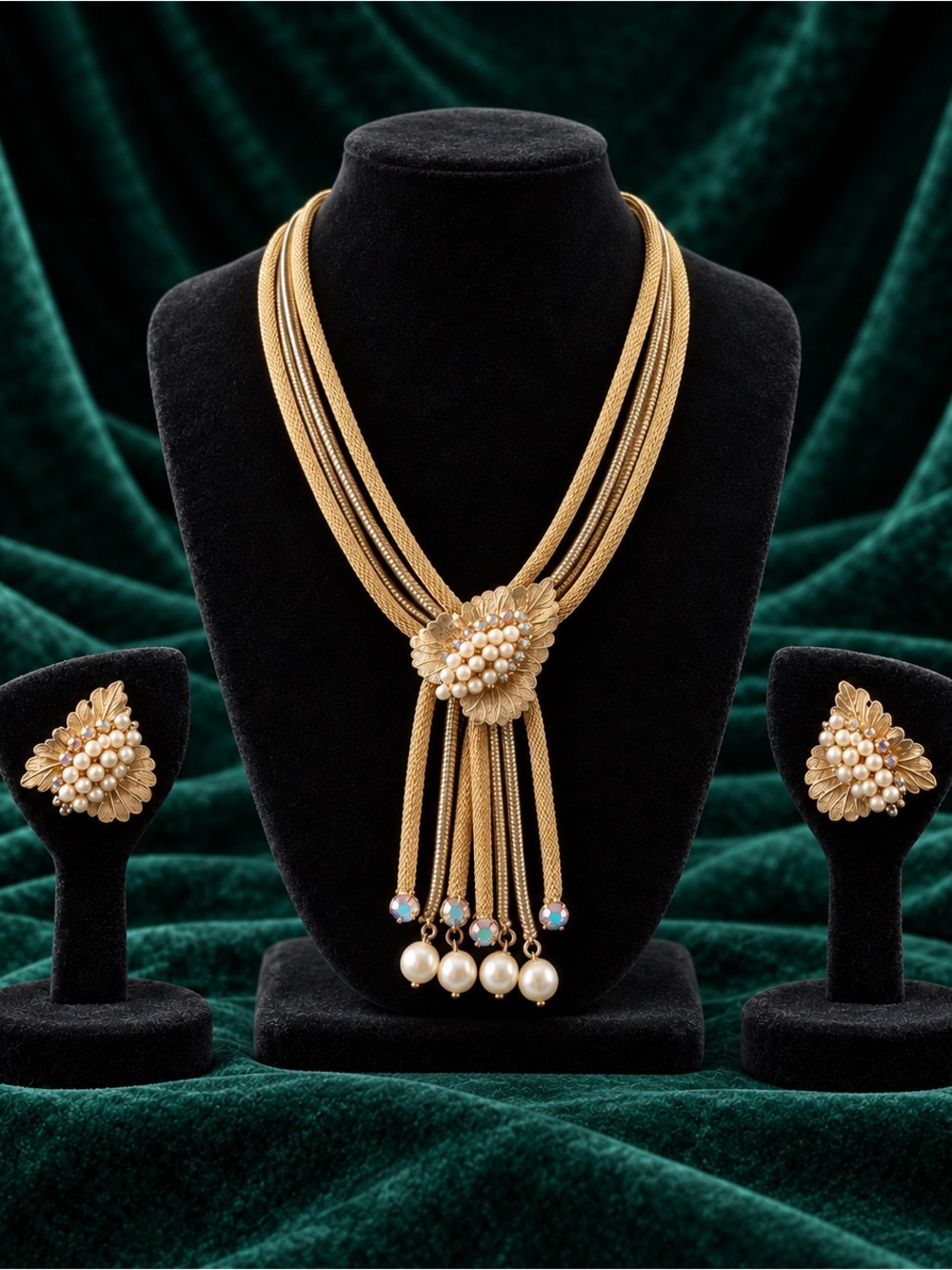 Vintage Gold Tone Multi-Strand Faux Pearl Leaf Necklace & Earrings Set